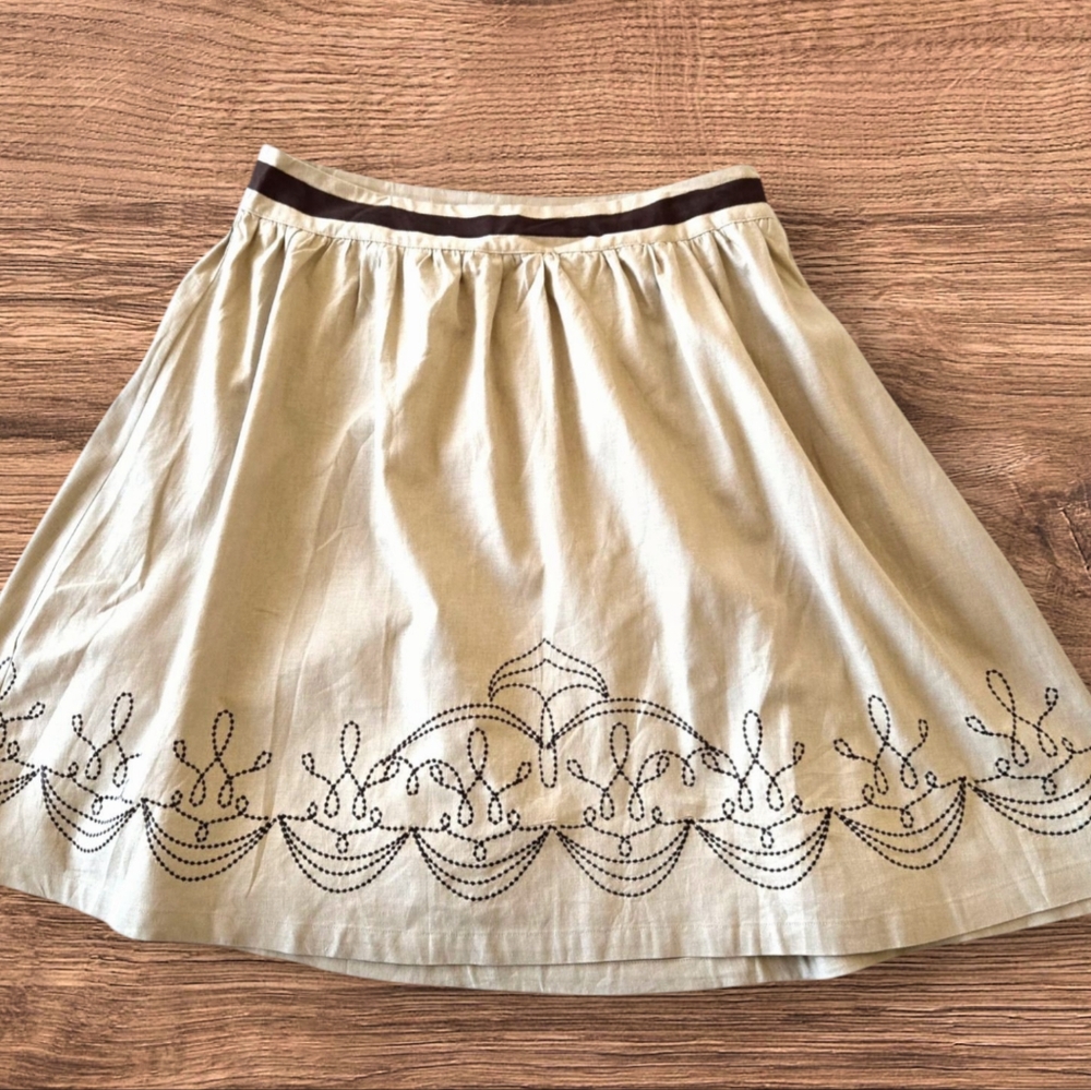 Linen Peasant Skirt Beige w Brown Embroidery Knee Length / Sz 12 - Picture 6 of 11